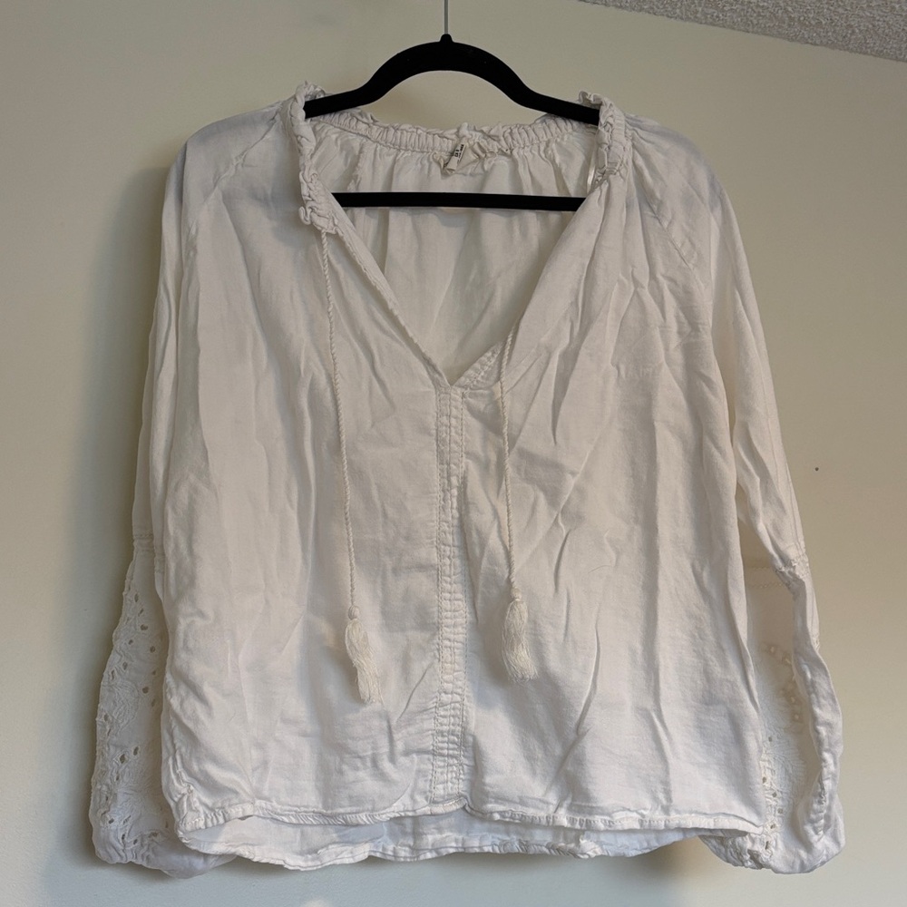 H&M White Peasant Tunic with Tie Neck Boho